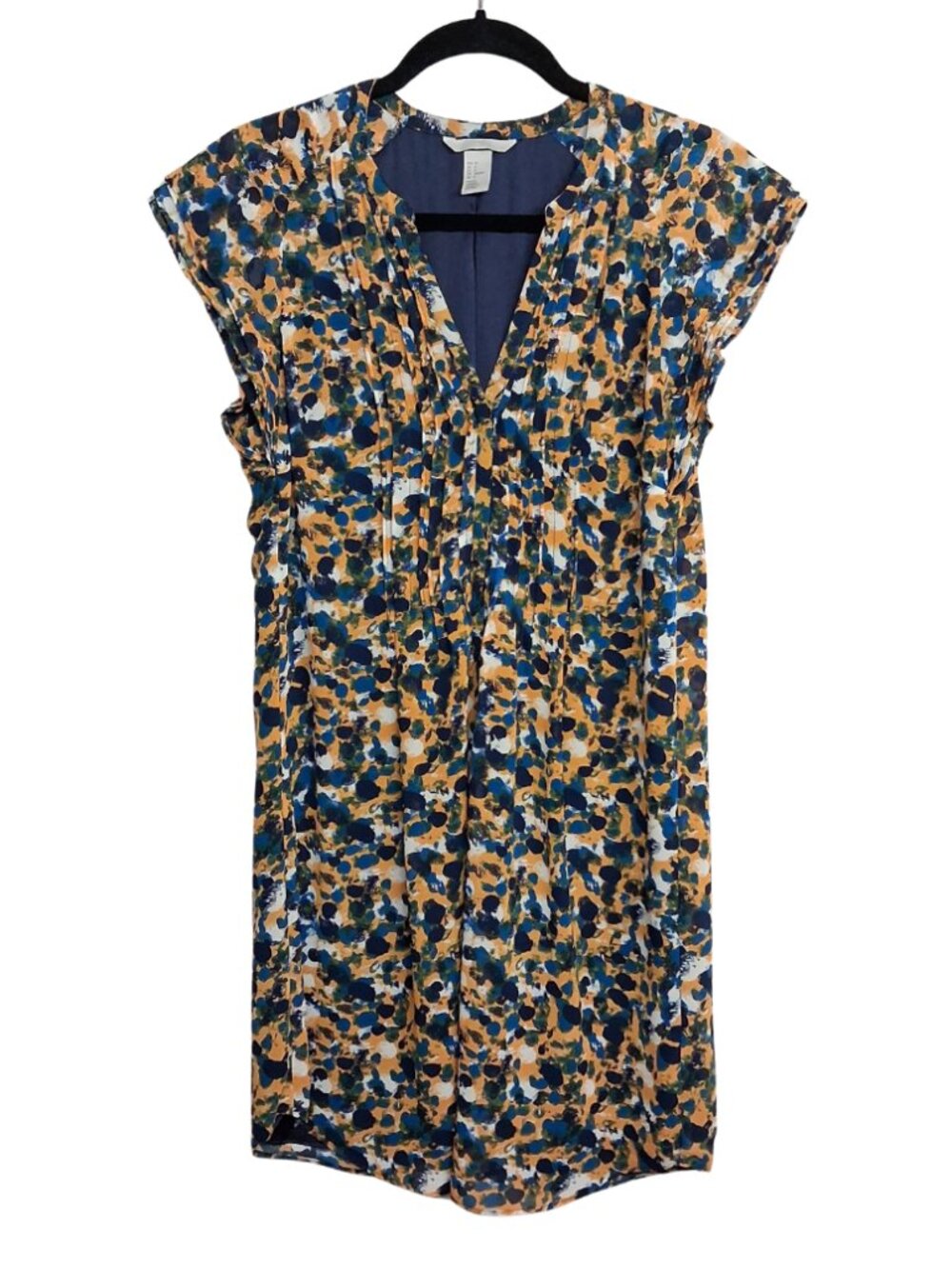 H&M Yellow Blue Dress Pleat Print Ruffle Shift Mini with Belt 8 Medium